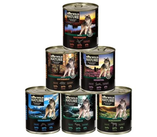 Dehner Wild Nature Hundefutter Probier-Set, Nassfutter getreidefrei / zuckerfrei, für ausgewachsene Hunde, Ente / Pferd / Wild / Kaninchen, 6 x 800 g Dose (4.8 kg) von Dehner