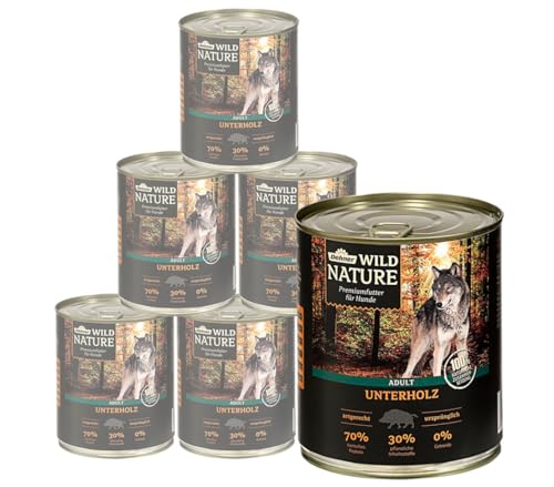 Dehner Wild Nature Hundefutter Unterholz, Nassfutter getreidefrei / zuckerfrei, für ausgewachsene Hunde, Wildschwein, 6 x 800 g Dose (4.8 kg) von Dehner