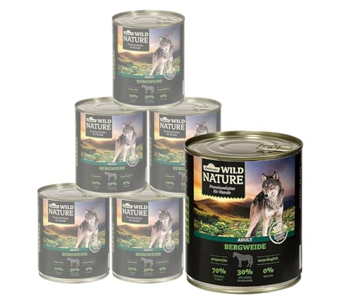 Dehner Wild Nature Hundefutter Bergweide, Nassfutter getreidefrei / zuckerfrei, für ausgewachsene Hunde, Pferd, 6 x 800 g Dose (4.8 kg) von Dehner