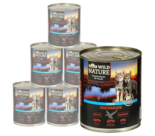 Dehner Wild Nature Hundefutter Hochmoor, Nassfutter getreidefrei / zuckerfrei, für Welpen und junge Hunde, Gefügel / Ente, 6 x 800 g (4.8 kg) von Dehner