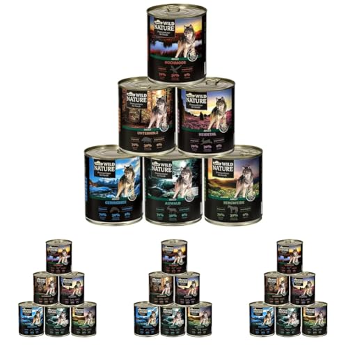 Dehner Wild Nature Hundefutter Probier-Set, Nassfutter getreidefrei/zuckerfrei, für ausgewachsene Hunde, Ente/Pferd/Wild/Kaninchen, 6 x 800 g Dose (4.8 kg) (Packung mit 4) von Dehner
