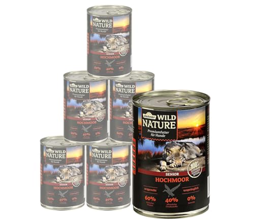 Dehner Wild Nature Hundefutter Hochmoor, Nassfutter getreidefrei / zuckerfrei, für ältere Hunde, Ente, 6 x 400 g Dose (2.4 kg) von Dehner