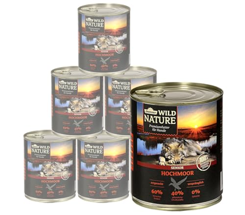 Dehner Wild Nature Hundefutter Hochmoor, Nassfutter getreidefrei / zuckerfrei, für ältere Hunde, Ente, 6 x 800 g Dose (4.8 kg) von Dehner