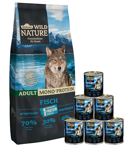 Dehner Wild Nature Hundefutter Set Gebirgssee, getreidefrei/zuckerfrei, für ausgewachsene Hunde, Lachs, 1x Trockenfutter 12 kg, Nassfutter 6 x 800 g Dose von Dehner