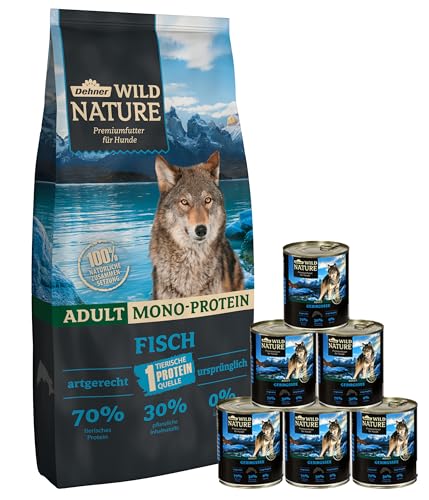 Dehner Wild Nature Hundefutter Set Gebirgssee, getreidefrei/zuckerfrei, für ausgewachsene Hunde, Lachs, 1x Trockenfutter 12 kg, Nassfutter 6 x 800 g Dose Dehner Wild Nature Hundefutter Set Gebirgssee, getreidefrei/zuckerfrei, für ausgewachsene Hunde, Lachs, 1x Trockenfutter 12 kg, Nassfutter 6 x 800 g Dose von Dehner