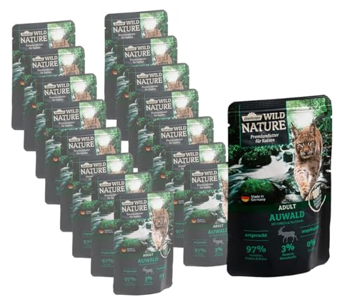Dehner Wild Nature Katzenfutter Auwald, Nassfutter getreidefrei / zuckerfrei, für ausgewachsene Katzen, Hirsch / Truthahn, 16 x 85 g Beutel (1.36 kg) von Dehner