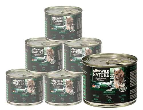 Dehner Wild Nature Katzenfutter Auwald, Nassfutter getreidefrei / zuckerfrei, für ausgewachsene Katzen, Hirsch / Truthahn, 6 x 200 g Dose (1.2 kg) von Dehner