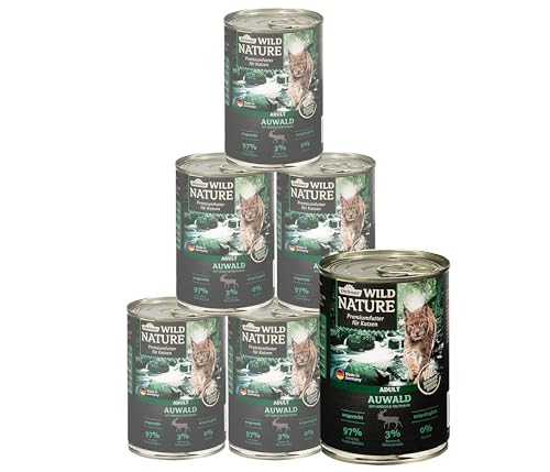Dehner Wild Nature Katzenfutter Auwald, Nassfutter getreidefrei / zuckerfrei, für ausgewachsene Katzen, Hirsch / Truthahn, 6 x 400 g Dose (2.4 kg) von Dehner