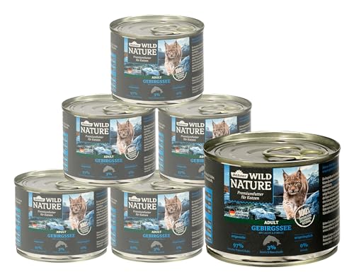 Dehner Wild Nature Katzenfutter Gebirgssee, Nassfutter getreidefrei, für ausgewachsene Katzen, Lachs / Forelle, 6 x 200 g Dose (1.2 kg) von Dehner