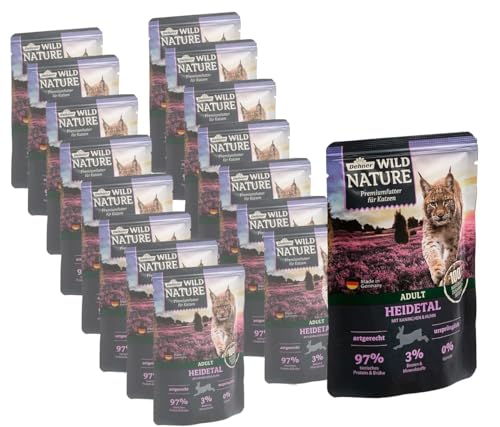 Dehner Wild Nature Katzenfutter Heidetal, Nassfutter getreidefrei / zuckerfrei, für ausgewachsene Katzen, Kaninchen / Huhn, 16 x 85 g Beutel (1.36 kg) von Dehner