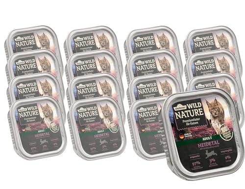 Dehner Wild Nature Katzenfutter Heidetal, Nassfutter getreidefrei / zuckerfrei, für ausgewachsene Katzen, Kaninchen / Huhn, 16 x 100 g Schale (1.6 kg) von Dehner