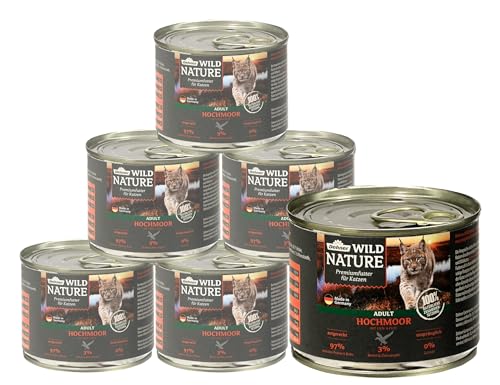 Dehner Wild Nature Katzenfutter Hochmoor, Nassfutter getreidefrei, für ausgewachsene Katzen, Ente / Pute, 6 x 200 g Dose (1.2 kg) von Dehner