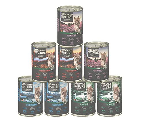 Dehner Wild Nature Katzenfutter Probier-Set, Nassfutter getreidefrei / zuckerfrei, für ausgewachsene Katzen, Fisch / Wild / Geflügel / Hase, 8 x 400 g Dose (3.2 kg) von Dehner