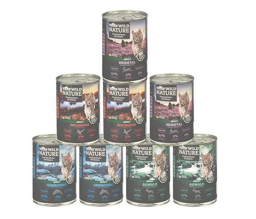Dehner Wild Nature Katzenfutter Probier-Set, Nassfutter getreidefrei / zuckerfrei, für ausgewachsene Katzen, Fisch / Wild / Geflügel / Hase, 8 x 400 g Dose (3.2 kg) von Dehner