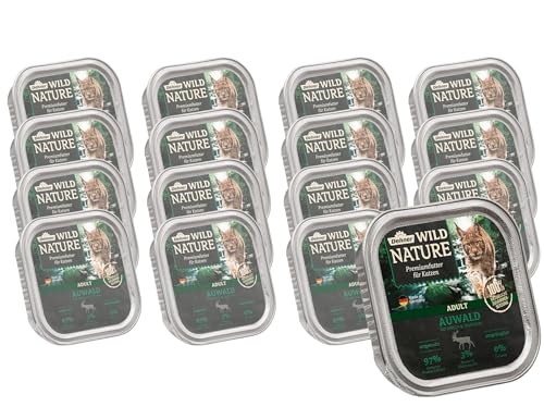 Dehner Wild Nature Katzenfutter Auwald, Nassfutter getreidefrei, für ausgewachsene Katzen, Hirsch / Truthahn, 16 x 100 g Schale (1.6 kg) von Dehner