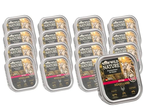 Dehner Wild Nature Katzenfutter Kitten Hügelland, Nassfutter getreidefrei / zuckerfrei, für junge Katzen, Huhn, 16 x 100 g Schale (1.6 kg) von Dehner