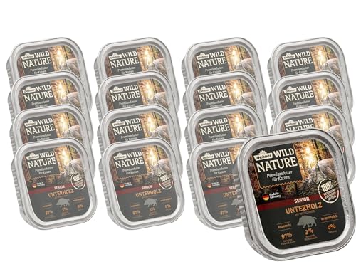 Dehner Wild Nature Katzenfutter Unterholz, Nassfutter getreidefrei / zuckerfrei, für ältere Katzen, Wildschwein, 16 x 100 g Schale (1.6 kg) von Dehner