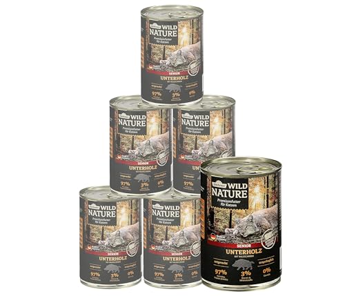 Dehner Wild Nature Katzenfutter Unterholz, Nassfutter getreidefrei / zuckerfrei, für ältere Katzen, Wildschwein, 6 x 400 g Dose, (2.4 kg) von Dehner