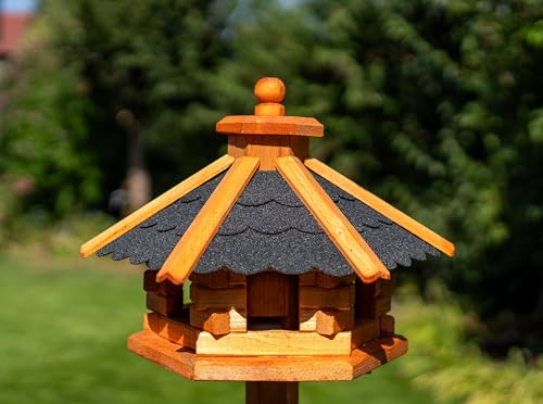 Deko-Shop-Hannusch Vogelhaus wahlweise mit Ständer und Solarbeleuchtung, Verschiedene Größen L - XXL, Futtersilo, wetterfestes Bitumendach (Größe M, schwarz) von Deko-Shop-Hannusch