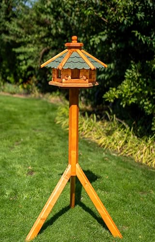 Deko-Shop-Hannusch Vogelhaus wahlweise mit Ständer und Solarbeleuchtung, Verschiedene Größen L - XXL, Futtersilo, wetterfestes Bitumendach (Größe M mit Ständer und Solar, grün) von Deko-Shop-Hannusch