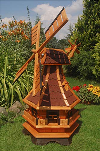Wunderschöne große Windmühle aus Holz mit roten Bitumschindeln (imprägniert) von Deko-Shop-Hannusch