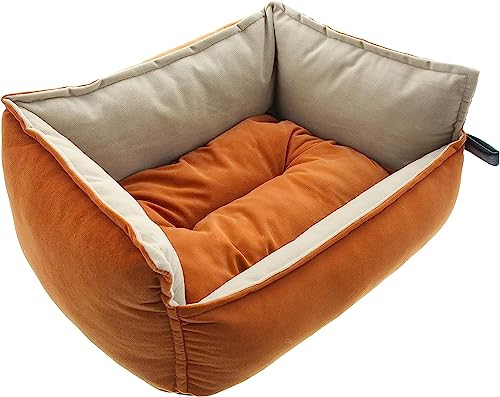 Dekoleidenschaft Tierbett Happy Pet in Samt-Optik, orange/beige, 40x30 cm, inkl. Kissen, für Katzen & kleine Hunde, Katzenbett kuschelweich, Hundebett, Katzenkörbchen, Hunde-Schlafplatz von Dekoleidenschaft