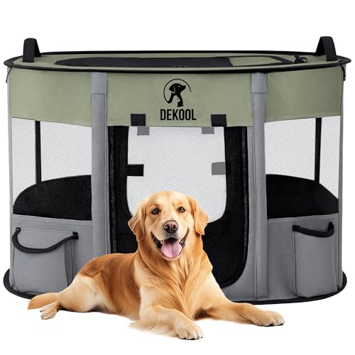 Faltbarer Haustier-Hunde-Laufstall, tragbare Hundebox für Welpen, Katze, Welpenlaufstall für drinnen, Zwinger-Zelt-Kiste für drinnen und draußen, Reisen, Camping, Verwendung mit Tragetasche (Grün, L) von Dekool