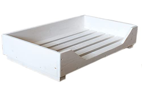 Dekorie Hundebett aus Holz für kleine/mittlere/große Hunde - 60-110 x 40-65 cm - Farbe: - Hundekorb/Hundesofa/Katzenbett aus Massivholz (XL, Weiß) von Dekorie