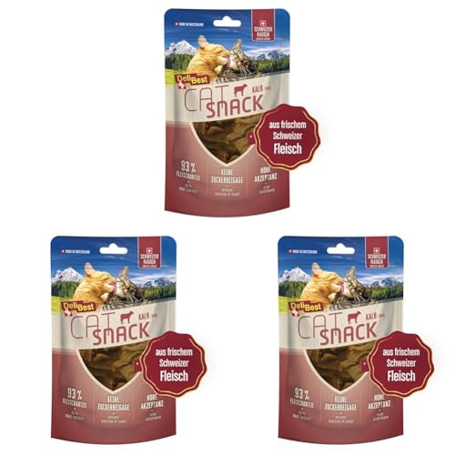 DeliBest Cat Snack aus 100% Schweizer Kalbfleisch I Katzen Leckerlies getreidefrei I halbfeuchte Leckerlies leicht verdaulich I Katzen Snack für Fellglanz I Allergiker geeignet 45g (Packung mit 3) von DeliBest