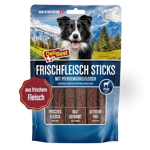 DeliBest Premium Pferdefleisch Sticks I Hundeleckerli mit wertvollen Inhaltsstoffen ist leicht verdaulich I kalt geformt - sehr schmackhafter Hunde Snack aus frischem Fleisch von DeliBest