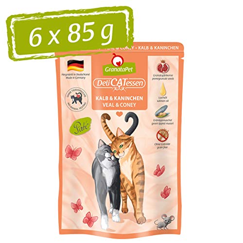 GranataPet DeliCatessen Kalb & Kaninchen, Nassfutter für Katzen, Katzenfutter für Feinschmecker, Futter ohne Getreide & ohne Zuckerzusätze, 6 x 85 g von GranataPet