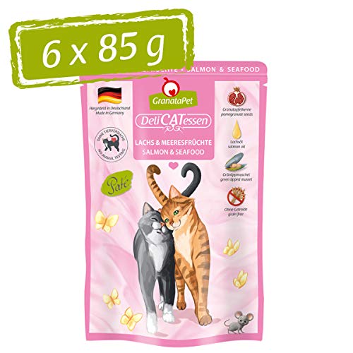 GranataPet Delicatessen Lachs & Meeresfrüchte, 6 x 85 g, Nassfutter für Katzen, Katzenfutter für Feinschmecker, Futter ohne Getreide & ohne Zuckerzusätze von GranataPet