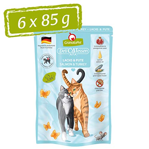 GranataPet Delicatessen Lachs & Pute, 6 x 85 g, Nassfutter für Katzen, Katzenfutter für Feinschmecker, Futter ohne Getreide & ohne Zuckerzusätze von GranataPet