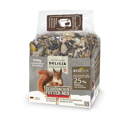 DELICIA® Eichhörnchen FutterMix (600g) · Eichhörnchen Futter mit Nüssen, Früchten & Kernen · Ganzjahresfutter für Winter & Sommer · Streufutter für Nagetiere · 100% Natürlich von Delicia