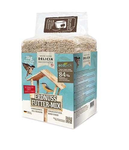 DELICIA® Vogelfutter Erdnuss FutterMix (3kg) · Ganzjahresfutter für Wildvögel & Gartenvögel · Im wiederverschließbaren FrischePack · Streufutter für jeden Vogel · Vogelfutter ganzjährig von delicia