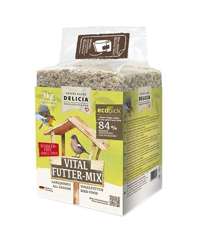 DELICIA® Vogelfutter Vital FutterMix (3kg) · Ganzjahresfutter für Wildvögel & Gartenvögel · Im wiederverschließbaren FrischePack · Streufutter für jeden Vogel · Vogelfutter ganzjährig von Delicia