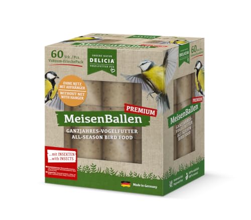 1 x 60 Stück Delicia Meisenballen mit Insekten und Aufhänger, Meisenknödel ohne Netz, Insektenknödel, Vogelfutter, Meisenfutter von delicia