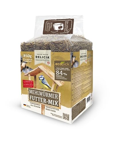 DELICIA® Mehlwürmer FutterMix (800g) · Futtermischung für Vögel, Fische, Nager & Reptilien · Getrocknete Mehlwürmer als Ganzjahresfutter · Im wiederverschließbaren Frischepack von Delicia