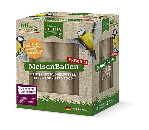 DELICIA® Premium MeisenBallen mit Beeren (60 St. ohne Netz) · Meisenknödel mit Aufhänger · Fettblock für Gartenvögel & Wildvögel · Vogelfutter Knödel · Körnerkugel zum Aufhängen von Delicia