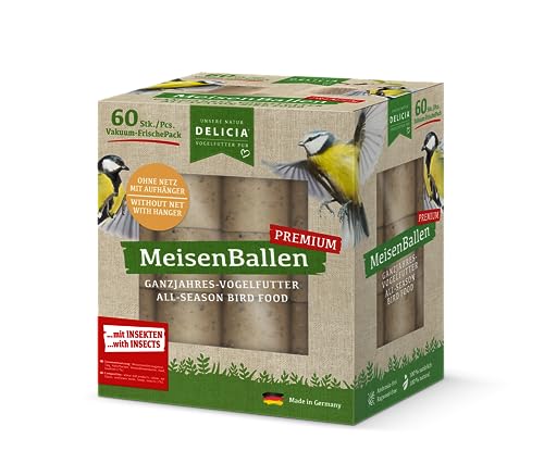 DELICIA® Premium MeisenBallen mit Insekten (60 St. ohne Netz) · Meisenknödel mit Aufhänger · Insektenknödel für Gartenvögel & Wildvögel · Vogelfutter Knödel · Körnerkugel zum Aufhängen von Delicia