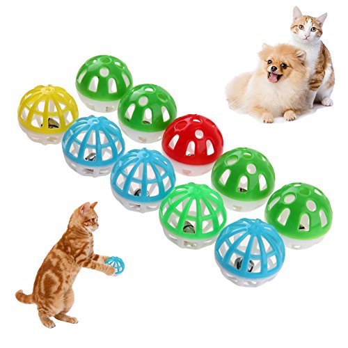 Demiawaking 10 Stück runde Kunststoffkugeln leer bunte Ballspielzeuge mit Glocke interaktiv für Katze Hund Hamster von Demiawaking