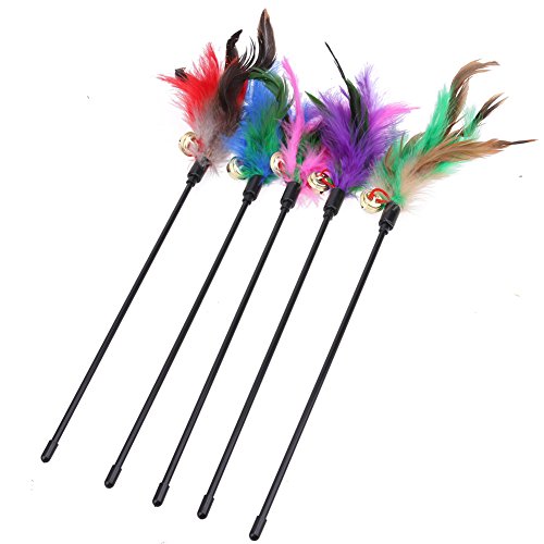 Demiawaking 5Stk. Katzenspielzeug Feder Kätzchen Teaser Türkei Interaktive Stick Spielzeug Draht Chaser Zauberstab (41cm) von Demiawaking