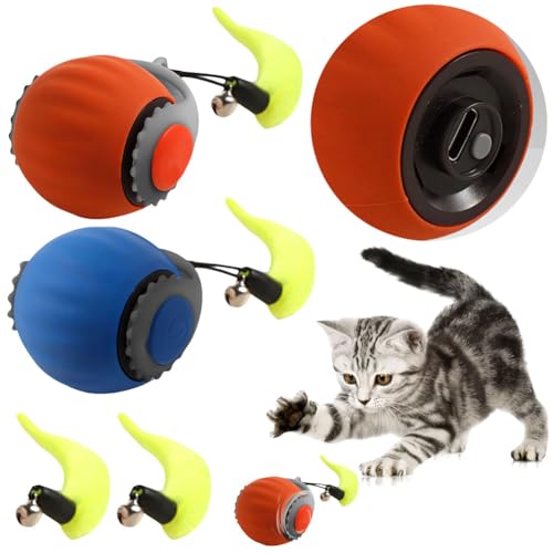 Demiawaking Interaktiv Katzenspielzeug, USB Aufladbar, Selbstbeschäftigung Ball, rollender Katzenball, Katzenspielzeug Elektrisch Ball, Spielzeug für Katzen mit Ersatzschwanz (Rot+Blau) von Demiawaking