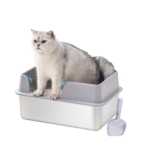 Hochseitige Katzentoilette aus Edelstahl, 19,7 X 13,8 X 9,8 Zoll, Vorne/hinten Geschlossene Wände, Leicht zu Reinigen, mit Deckelschnalle für Privatsphäre (Gray) von Denash