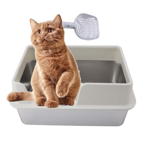 Hochseitige Katzentoilette aus Edelstahl, 19,7 X 13,8 X 9,8 Zoll, Vorne/hinten Geschlossene Wände, Leicht zu Reinigen, mit Deckelschnalle für Privatsphäre (White) von Denash