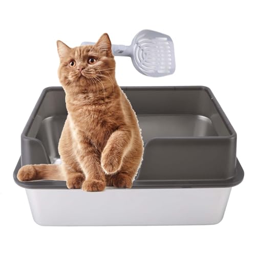 Hochseitige Katzentoilette aus Edelstahl, 19,7 X 13,8 X 9,8 Zoll, Vorne/hinten Geschlossene Wände, Leicht zu Reinigen, mit Deckelschnalle für Privatsphäre (großes Schwarz) von Denash