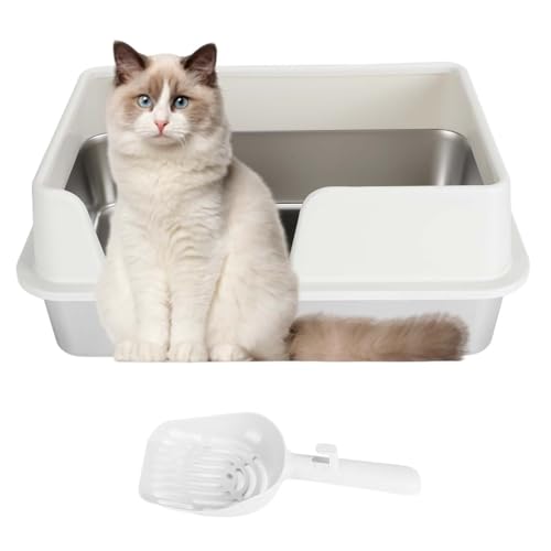 Katzentoilette aus Edelstahl, Geschlossene Hohe Seitenwände für Katzen, Spritzwassergeschützt, Leicht zu Reinigen, mit Schnallen, für Kleine Bis Mittelgroße Haustiere (klein weiß) von Denash