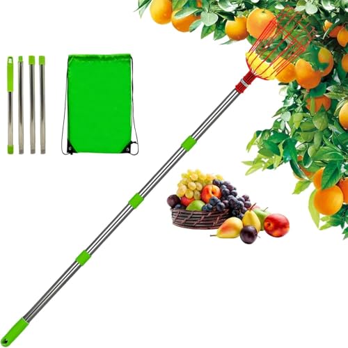 Denxahao Obstpflücker Langer Teleskopgriff Fruchtpicker mit Stofftaschenhalter und Schnüre Aufbewahrungstasche Fruchtgreifer für Garten und Obstgarten das Ernten von Früchten (1,6 m) von Denxahao