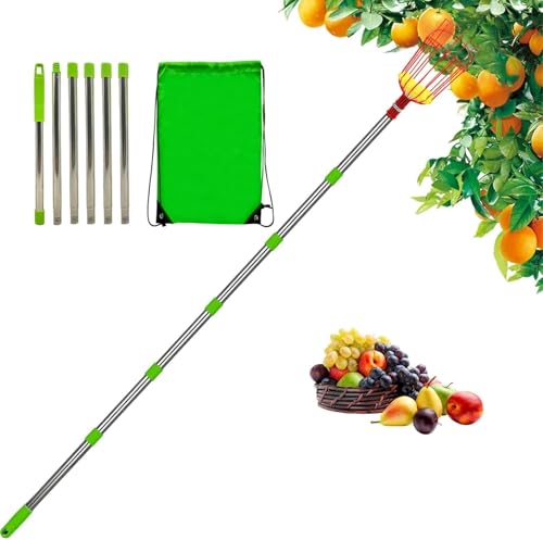 Denxahao Obstpflücker Langer Teleskopgriff Fruchtpicker mit Stofftaschenhalter und Schnüre Aufbewahrungstasche Fruchtgreifer für Garten und Obstgarten das Ernten von Früchten (2,4 m) von Denxahao