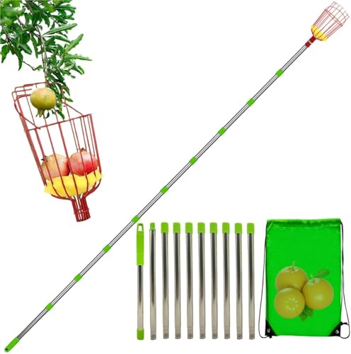 Denxahao Obstpflücker Langer Teleskopgriff Fruchtpicker mit Stofftaschenhalter und Schnüre Aufbewahrungstasche Fruchtgreifer für Garten und Obstgarten das Ernten von Früchten (4 m) von Denxahao